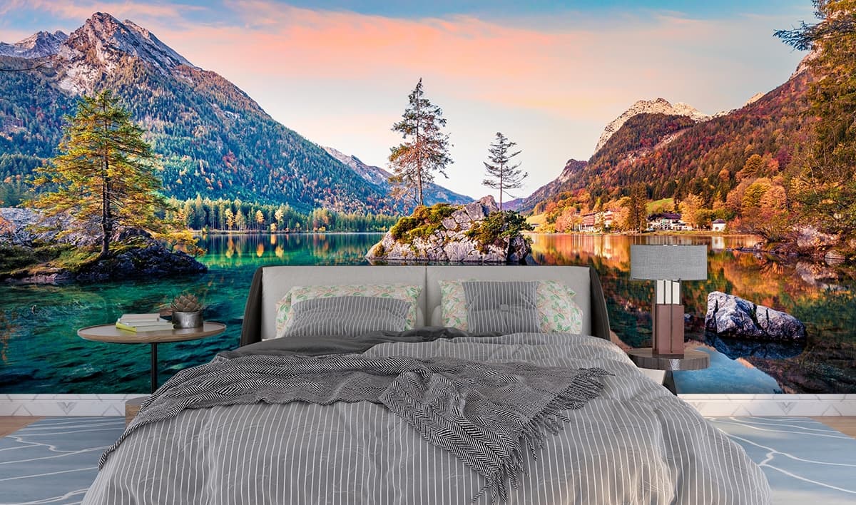 3D Effect Lake With Rocks and Trees Scenery Wallpaper shown in a room