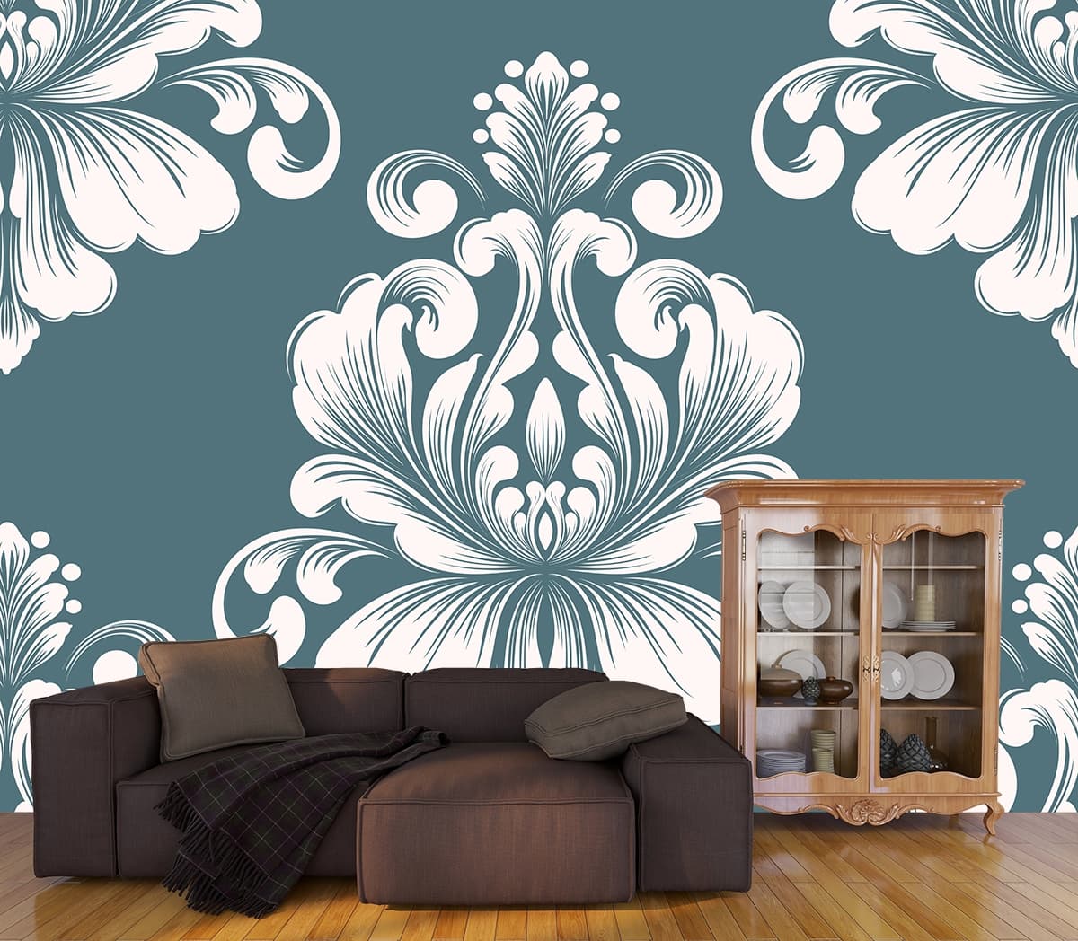 A pattern of white and blue floral designs shown in a room