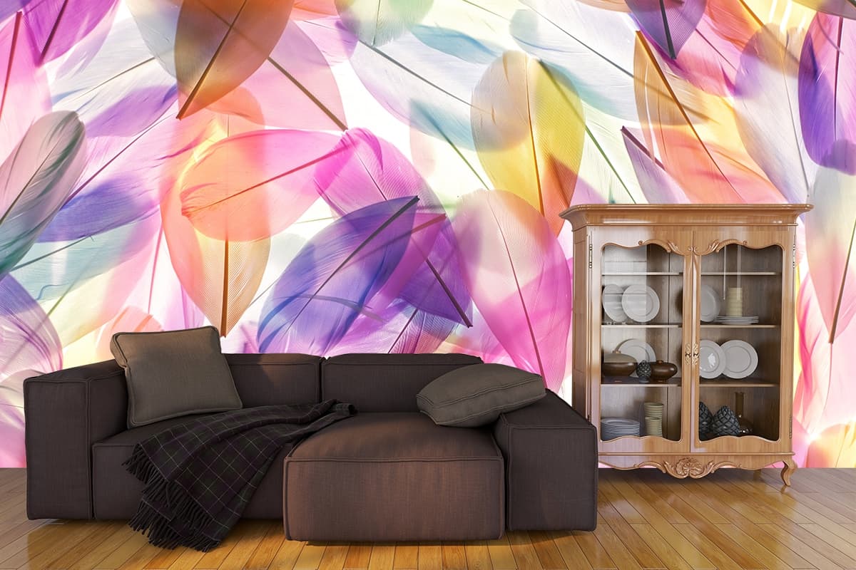 Dynamic Feather Pattern with Colorful Flow Wallpaper shown in a room