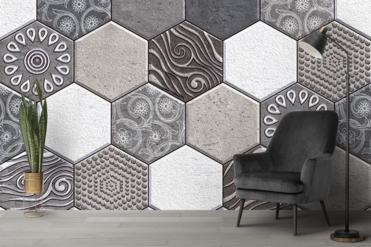 3D Hexagon Grey and White Wallpaper for Wall shown in a room
