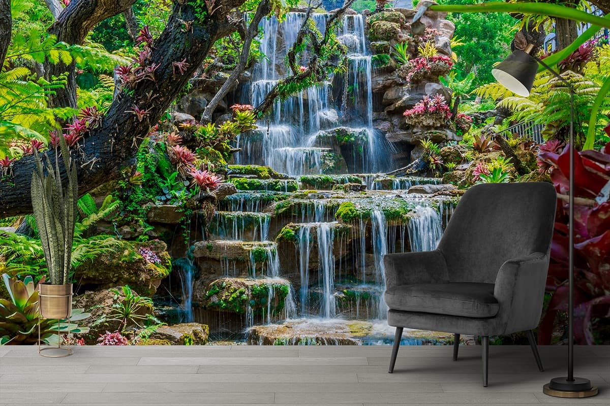 Waterfall Wallpaper, Hanging Gardens of Babylon in a garden shown in a room