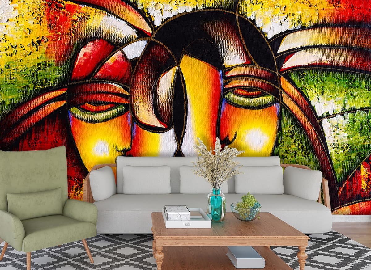 Abstract Two Faces Artistic Portrait Wallpaper shown in a room