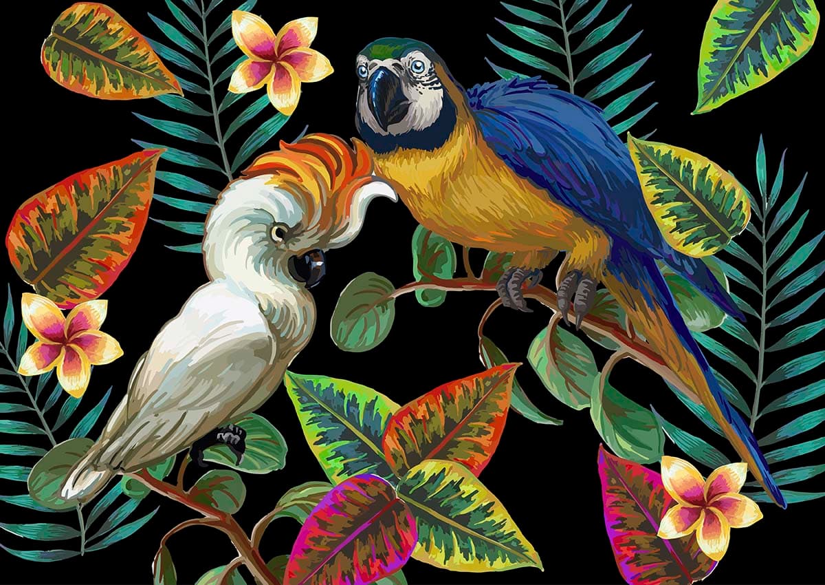 A parrots on a branch with leaves pattern detail