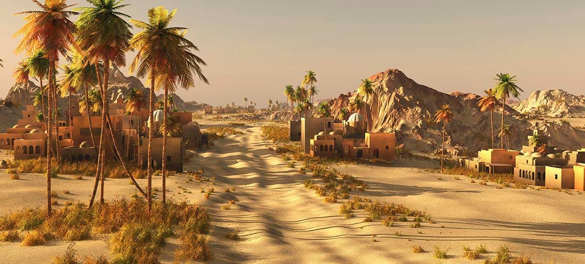 Desert Landscape with Buildings and Palm Trees Wallpaper pattern detail