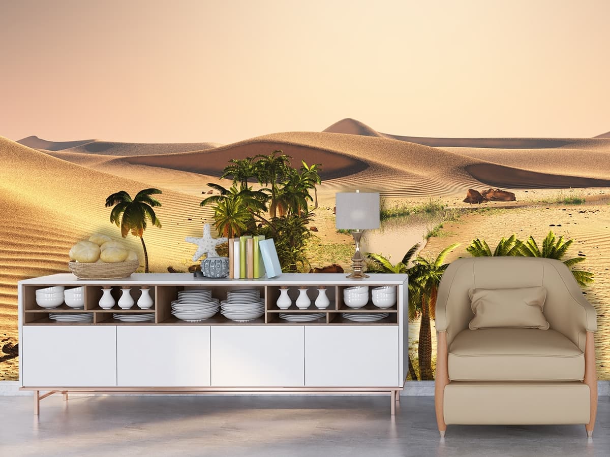 Desert Landscape with Palm Trees and River Scenic Wallpaper shown in a room