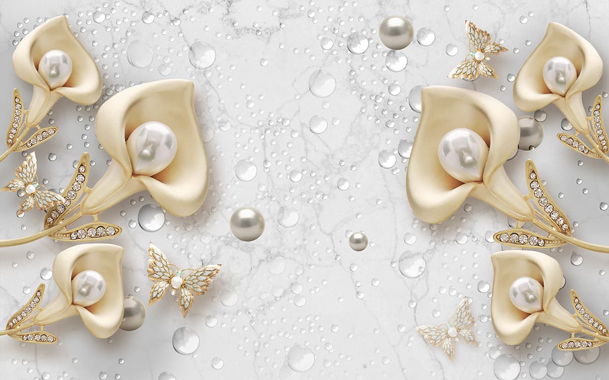 3D Wallpaper Design With Jewels and Flowers for Living Room pattern detail
