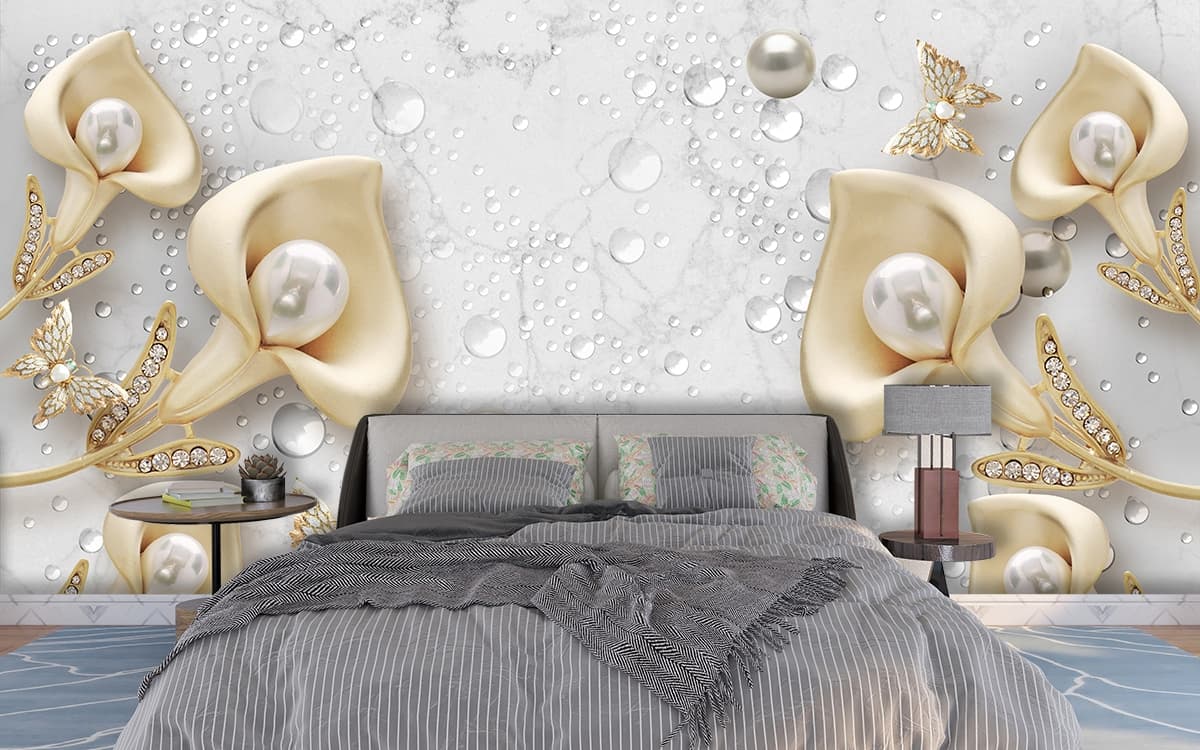 3D Wallpaper Design With Jewels and Flowers for Living Room shown in a room
