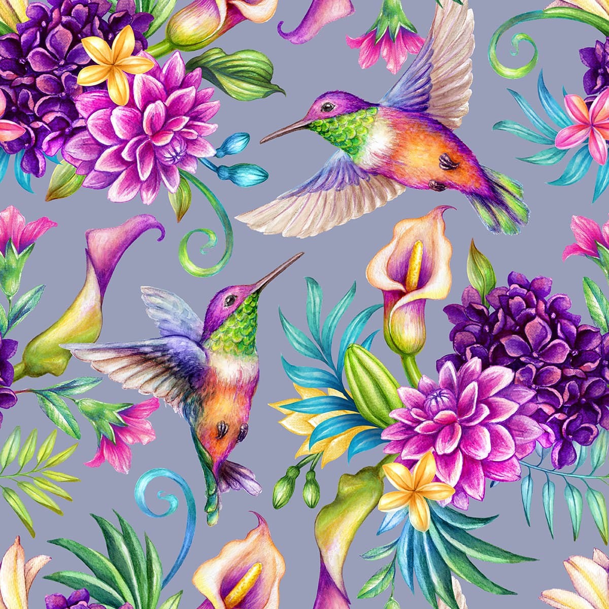Colorful Hummingbirds and Floral Art Design Wallpaper pattern detail