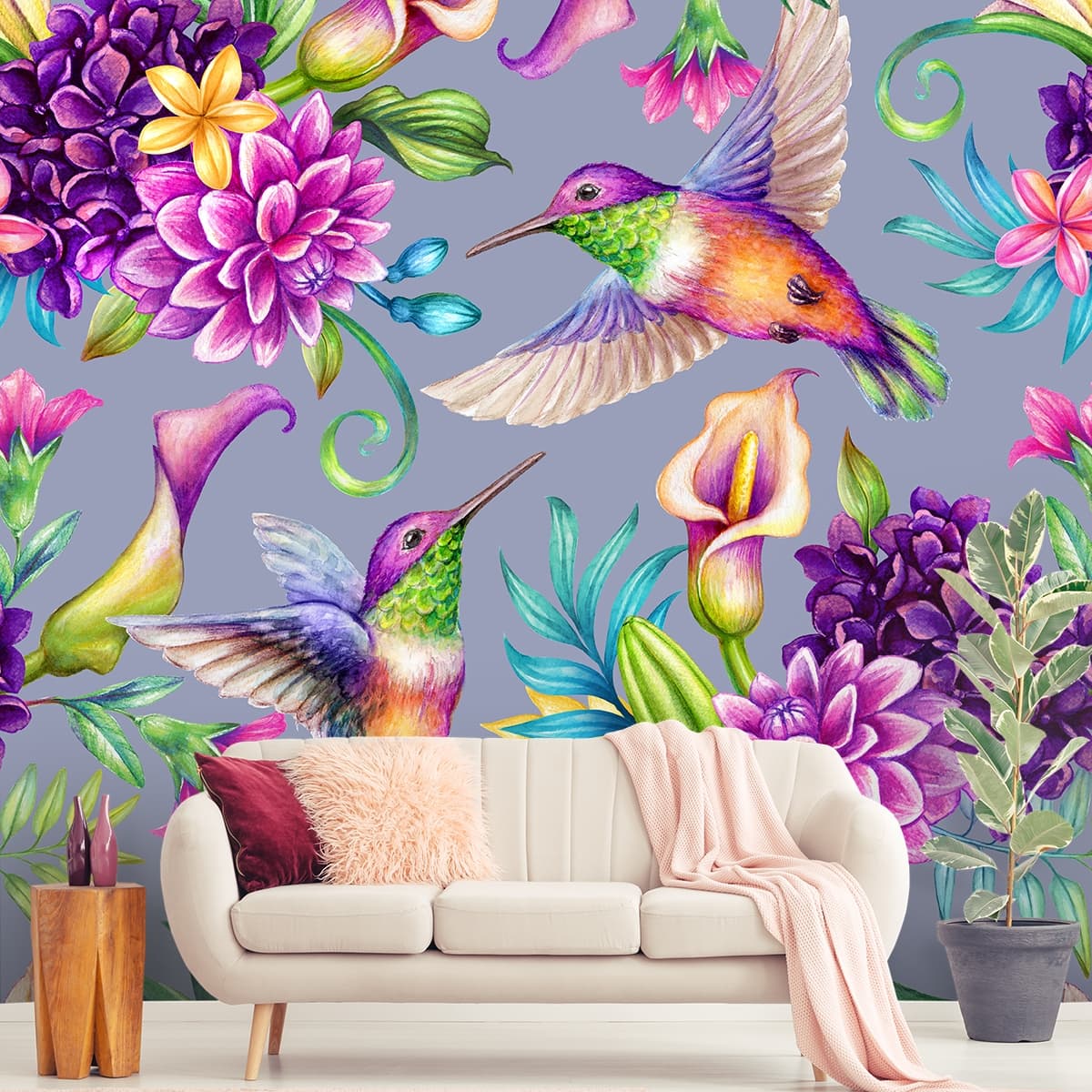Colorful Hummingbirds and Floral Art Design Wallpaper shown in a room
