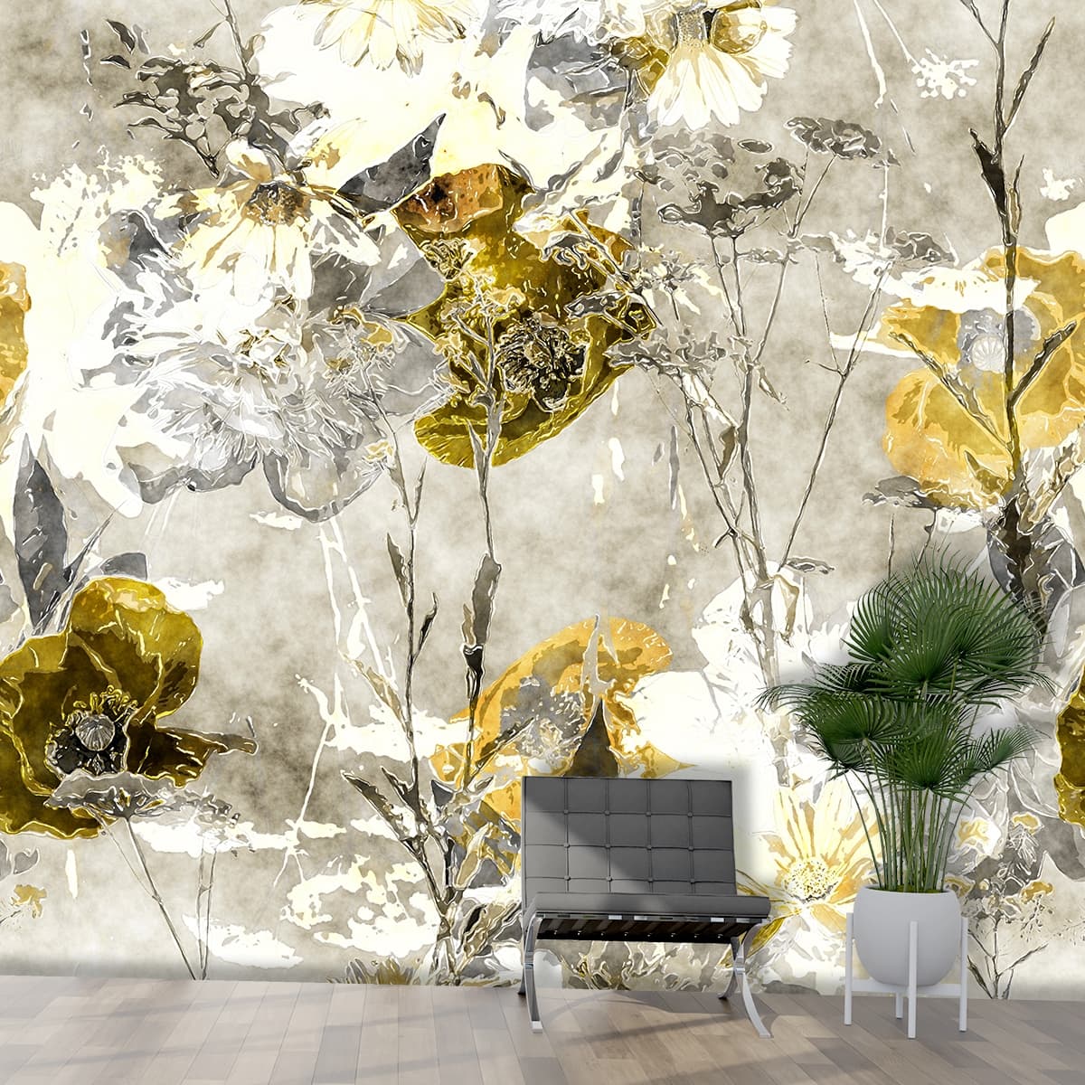 Vintage Floral Close-Up Botanical Pattern Wallpaper shown in a room