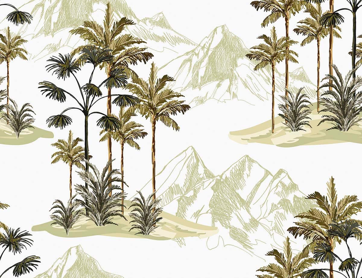 Island Style Palm Trees Mountain View Wallpaper pattern detail