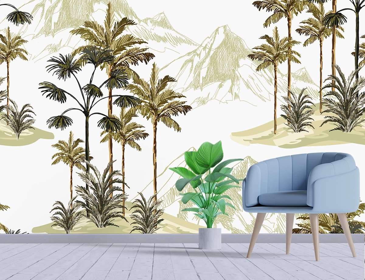 Island Style Palm Trees Mountain View Wallpaper shown in a room