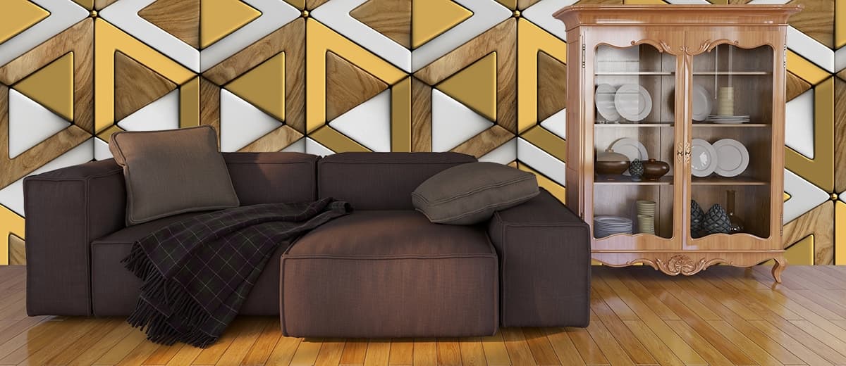 3D Luxury Look Golden and Wooden Pattern of Triangles Wallpaper for Living Room shown in a room