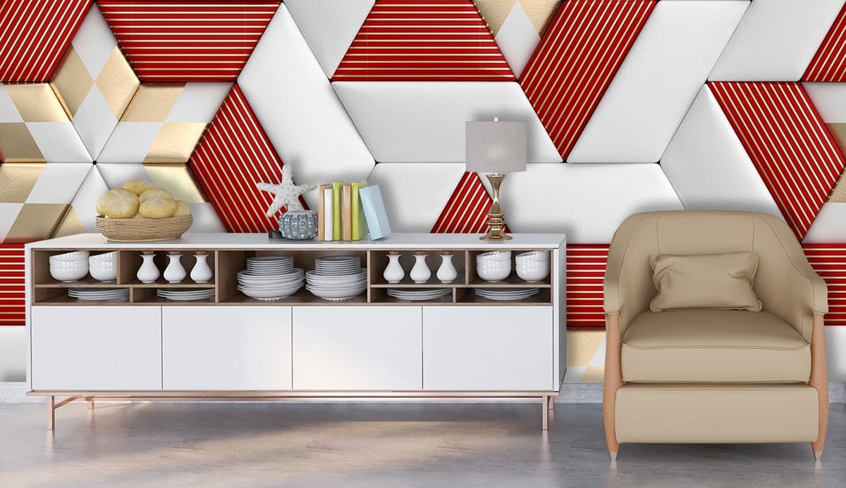 3D Red and White Striped Pattern Wallpaper for Living Room shown in a room
