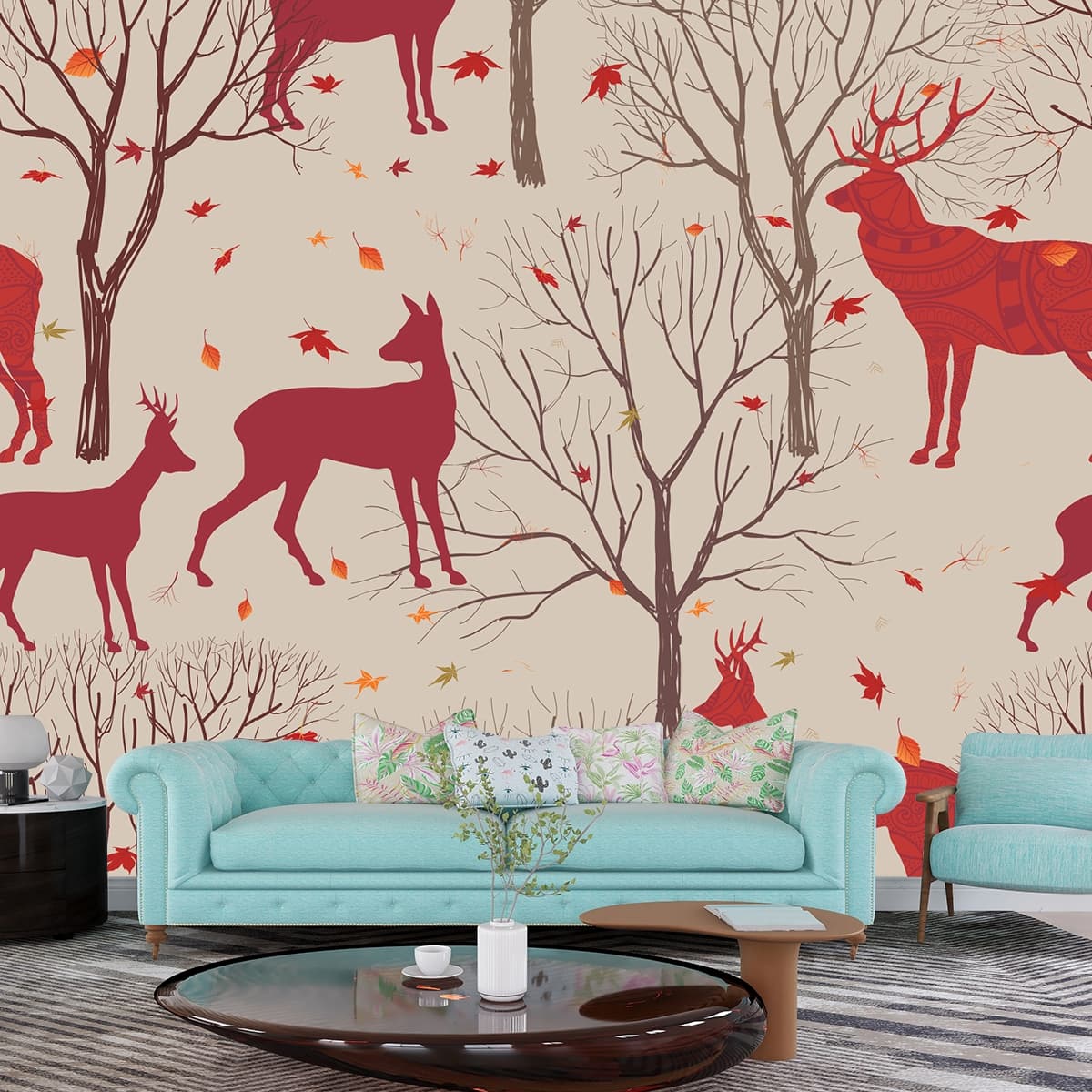Modern Deer and Trees Abstract Wallpaper Design shown in a room