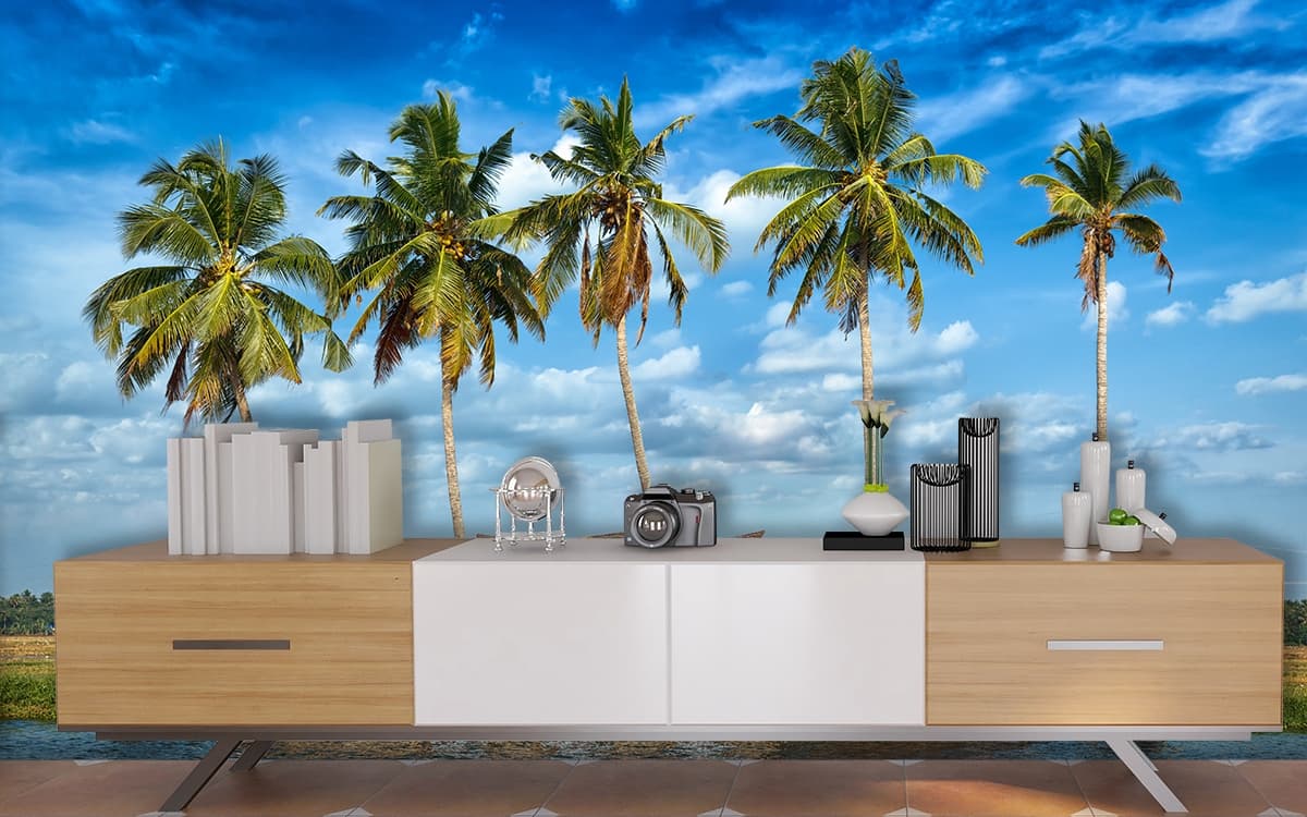 3D Feel House Boat and Palm Trees Wallpaper for Living Room shown in a room