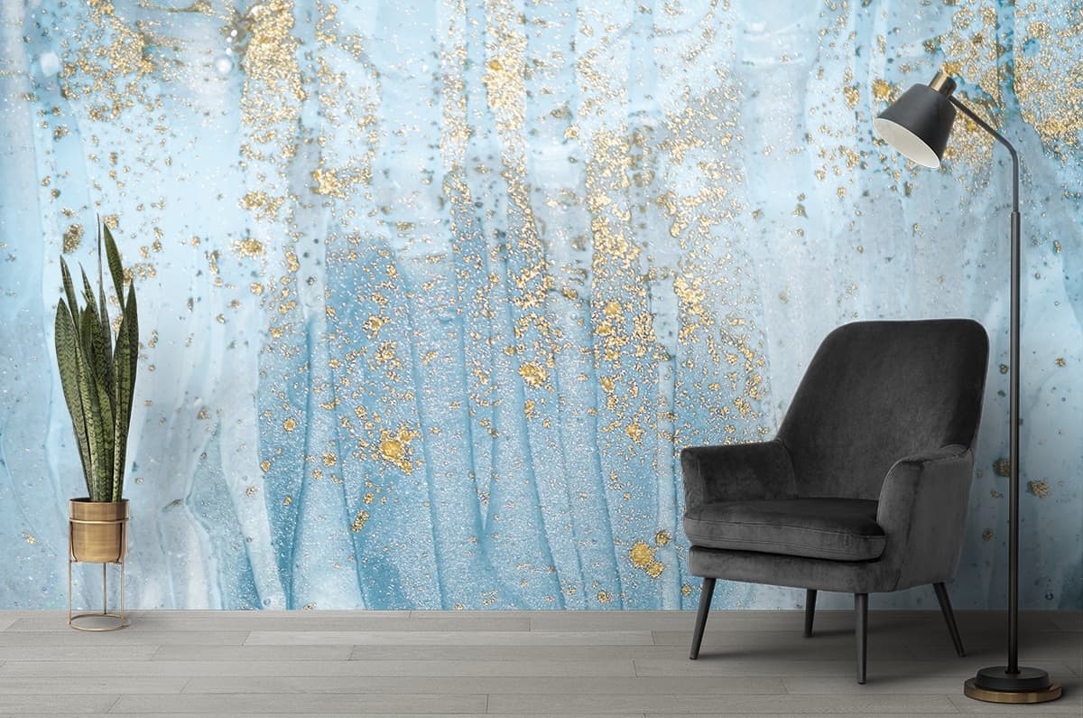 Blue and Gold Paint Effect Modern Abstract Wallpaper shown in a room