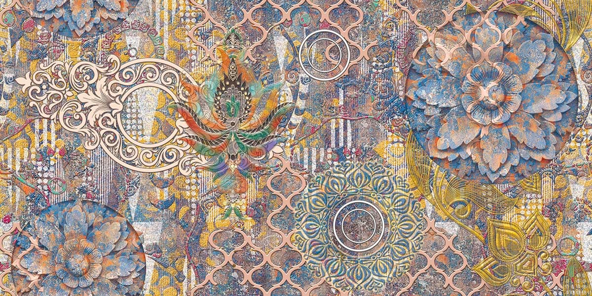 A colorful wallpaper with floral designs pattern detail