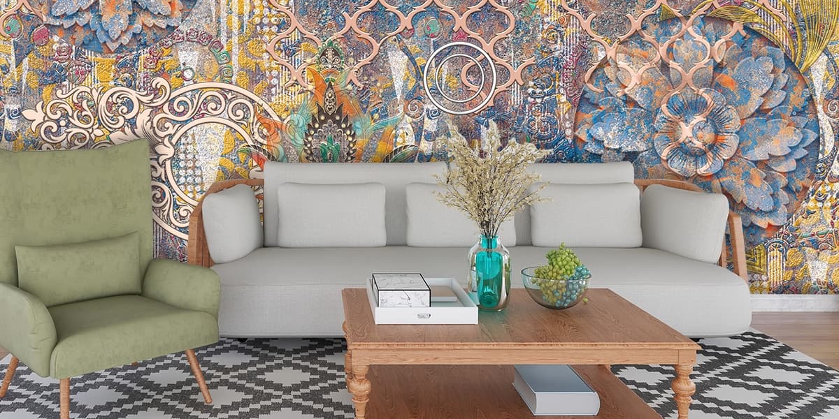 A colorful wallpaper with floral designs shown in a room