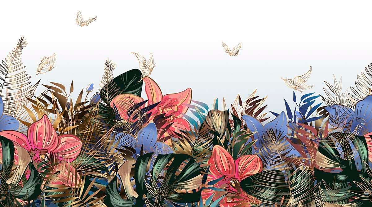 Colorful Floral Arrangement with Butterflies Nature Wallpaper pattern detail