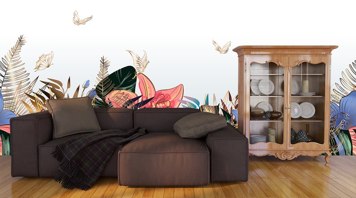 Colorful Floral Arrangement with Butterflies Nature Wallpaper shown in a room