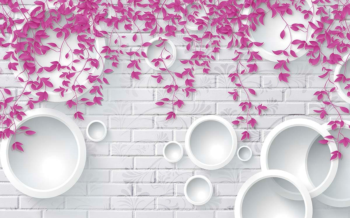Minimal Pink Leaves and Abstract Circles wallpaper pattern detail