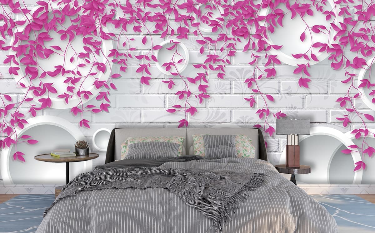 Minimal Pink Leaves and Abstract Circles wallpaper shown in a room