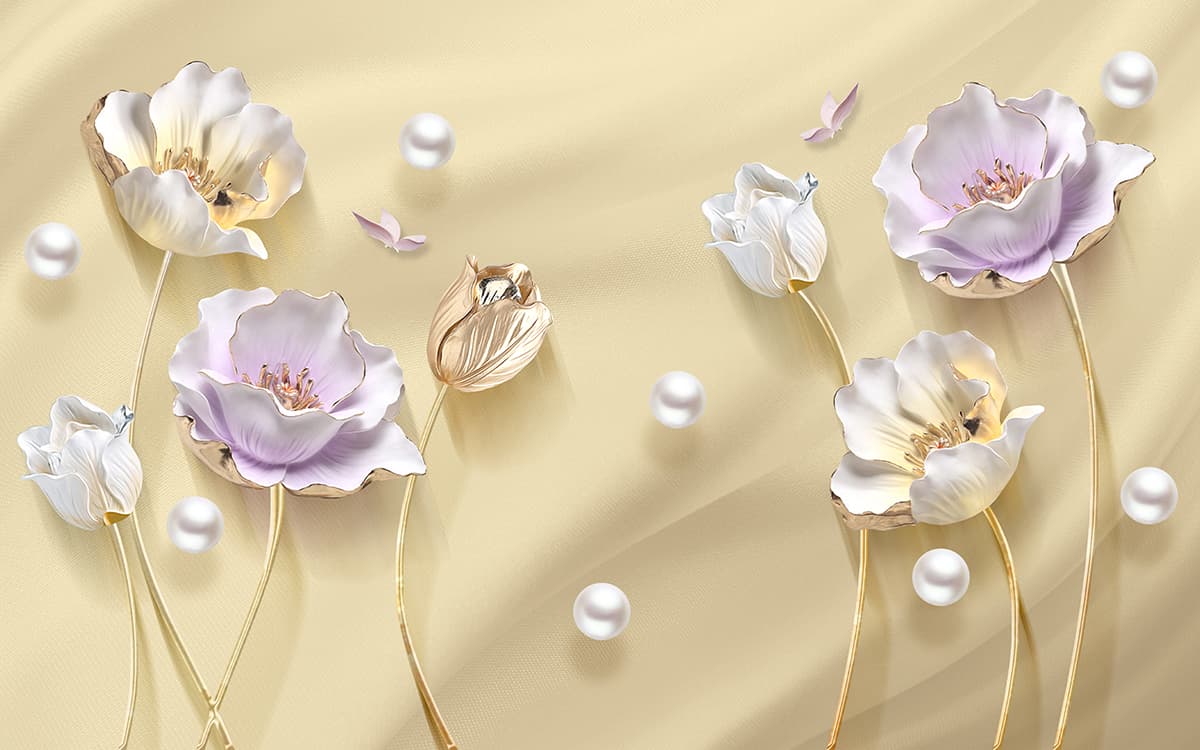 3D Flowers and Pearls Wallpaper for Living Room pattern detail