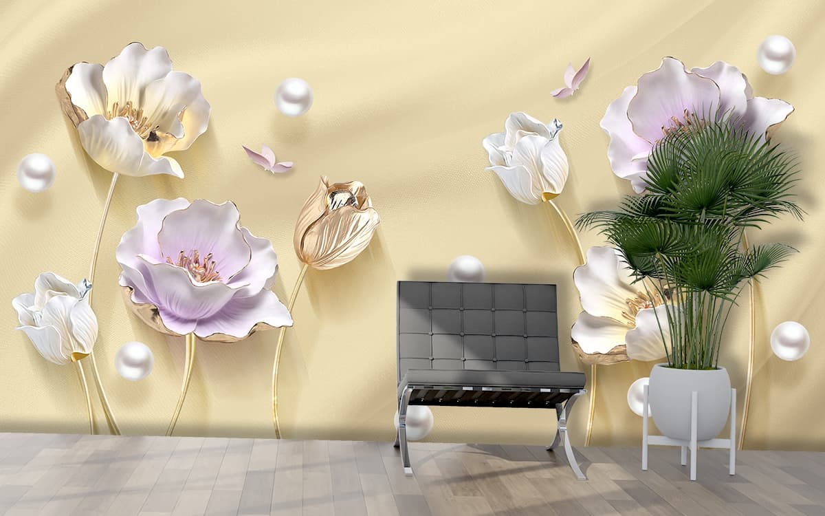 3D Flowers and Pearls Wallpaper for Living Room shown in a room