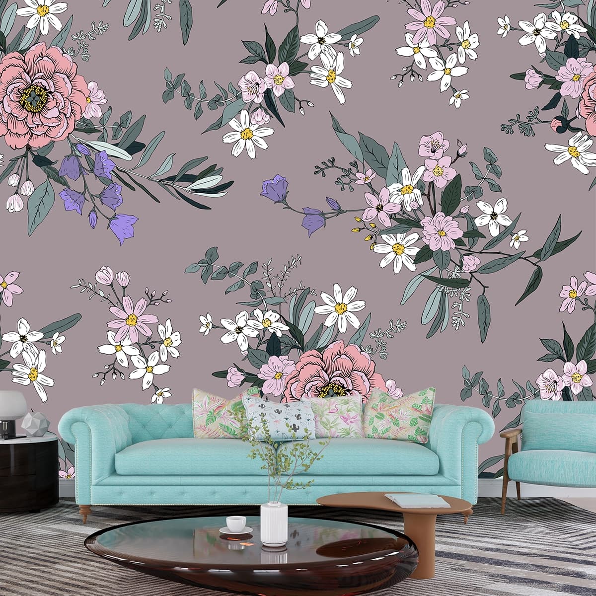 Handcrafted Floral Leaf Design for Interiors Wallpaper shown in a room