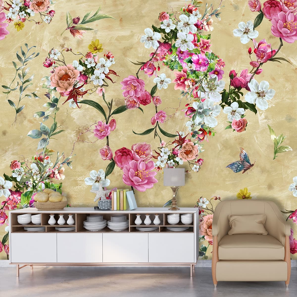 Floral Leaves Pattern Botanical Decorative Wallpaper shown in a room