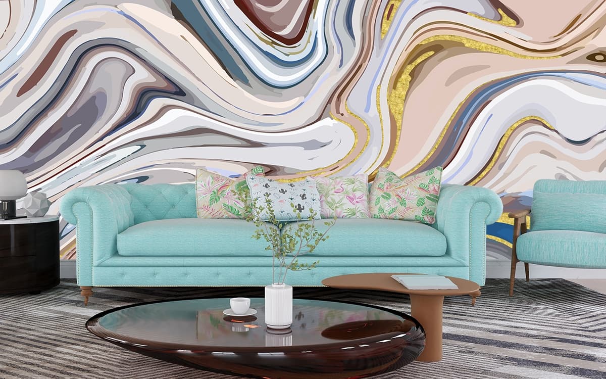 Vibrant Fluid Paint Swirls Pattern Art wallpaper shown in a room