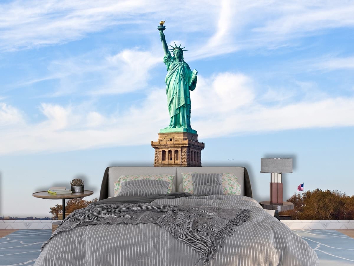 3D Look Statue of Liberty Wallpaper for Living Room shown in a room
