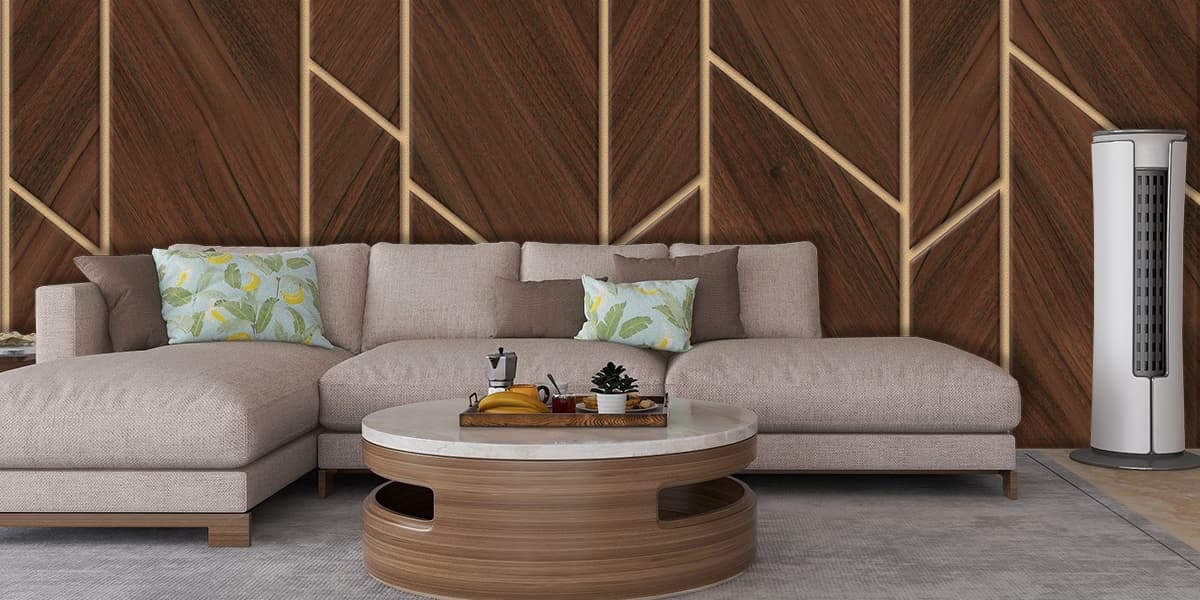 Realistic wood panel texture wall decor wallpaper shown in a room