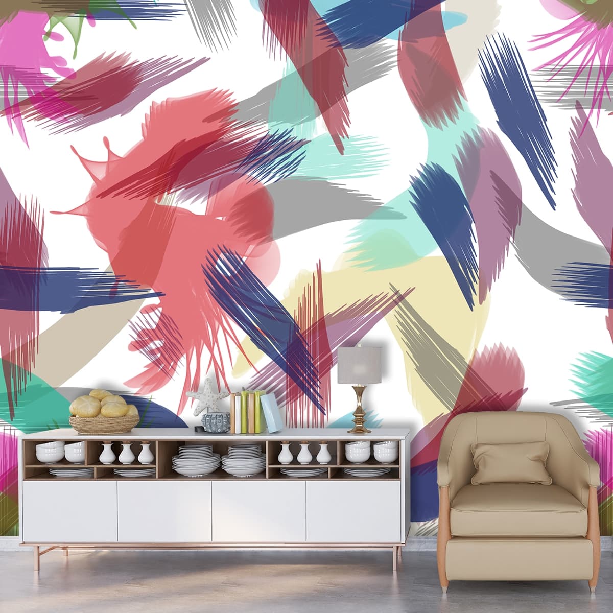 Multicolor Paint Pattern Modern Abstract wallpaper shown in a room