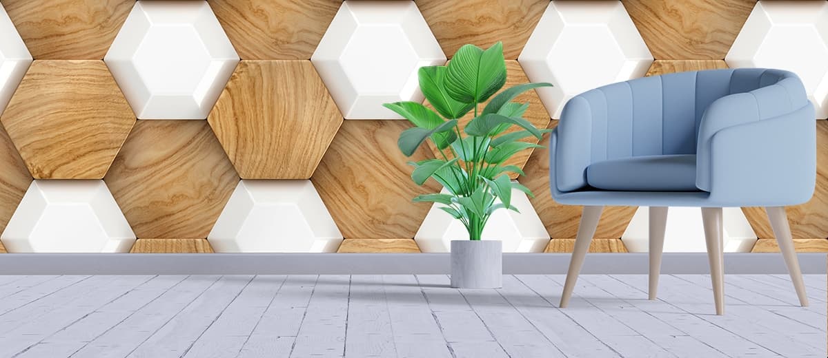 Modern Hexagon Pattern on Wood Texture Stylish Wallpaper shown in a room