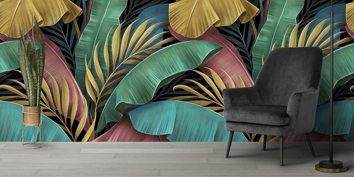 Vibrant Leaves on Black Background Aesthetic Wallpaper shown in a room