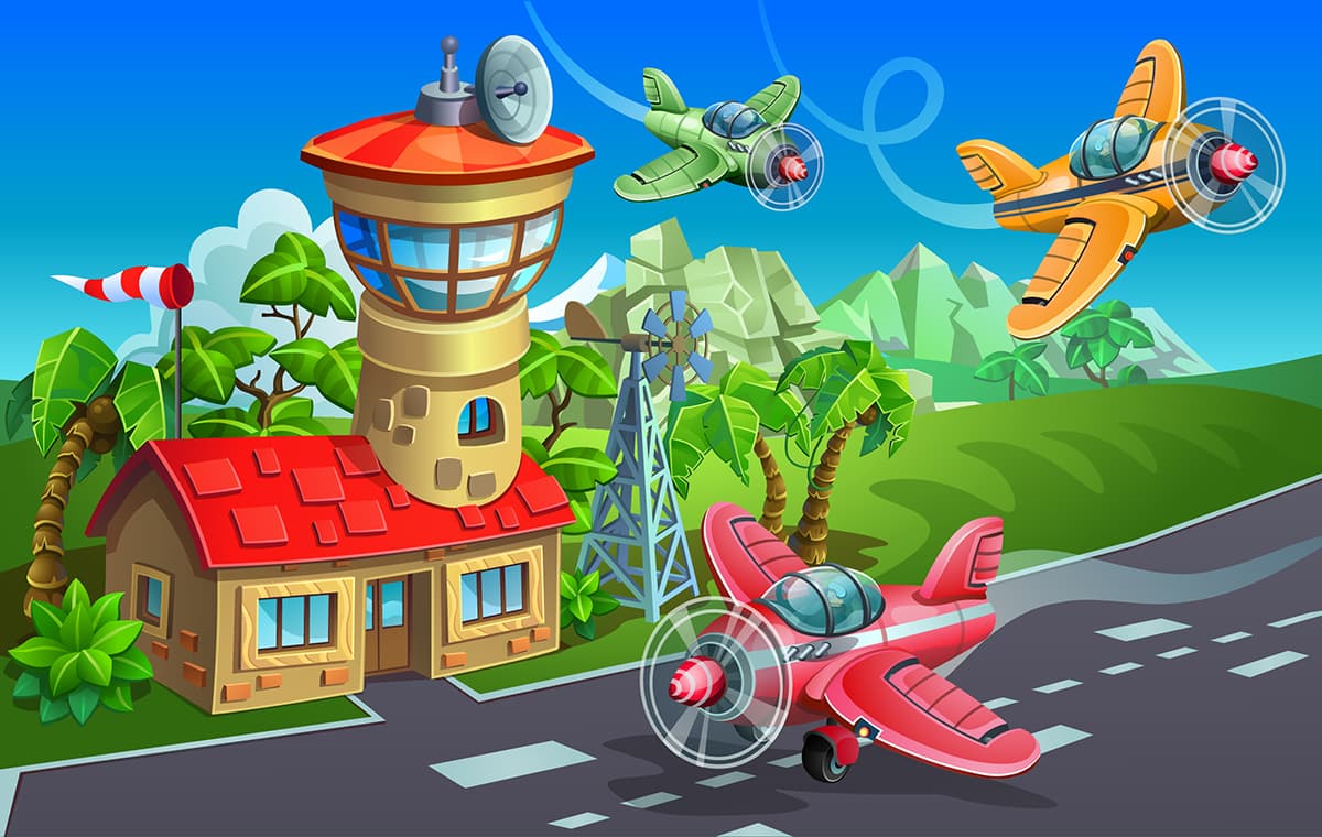 Fun Airplane Flying Landscape Wallpaper pattern detail