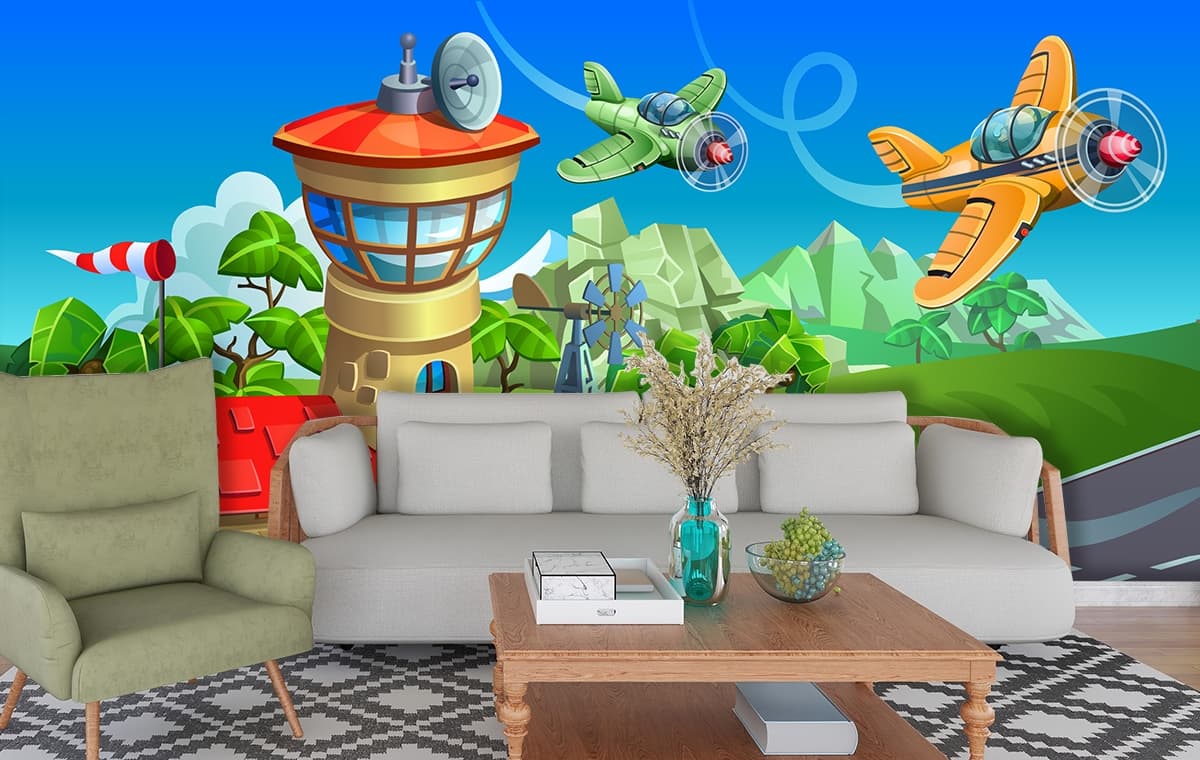 Fun Airplane Flying Landscape Wallpaper shown in a room