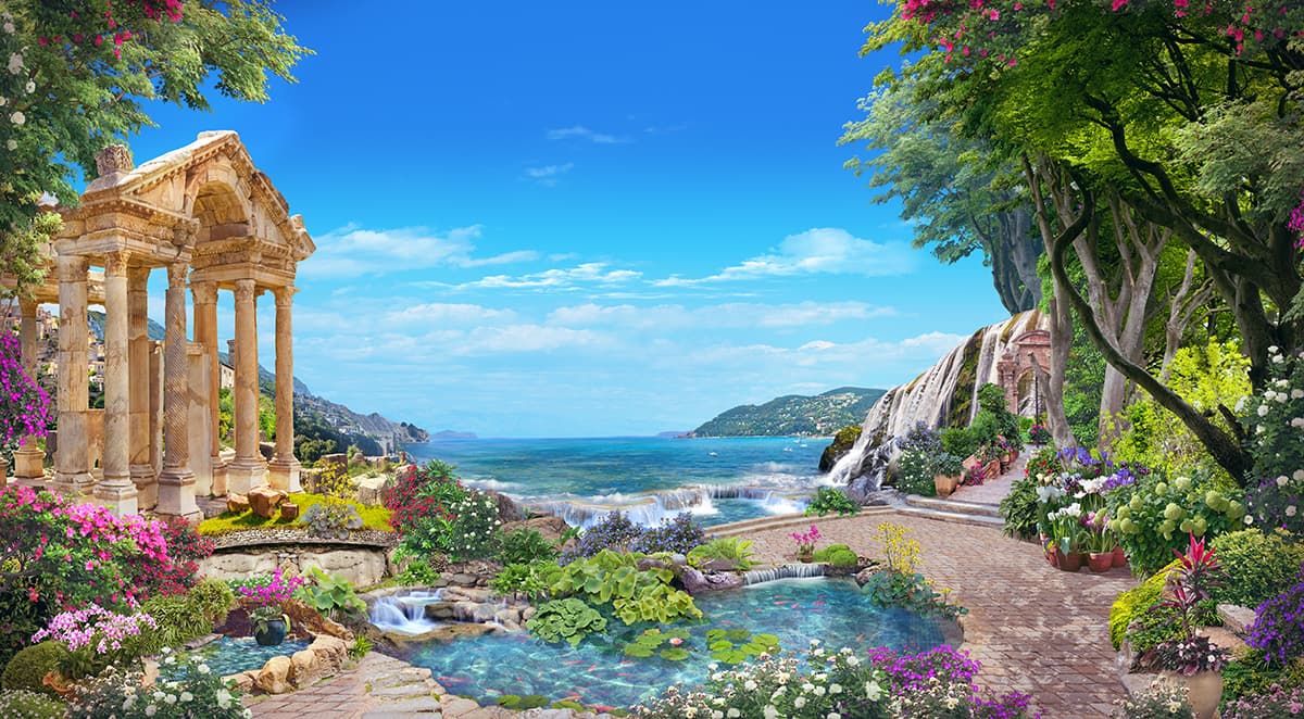 Beautiful Lake and Waterfall Wall Decor Wallpaper pattern detail