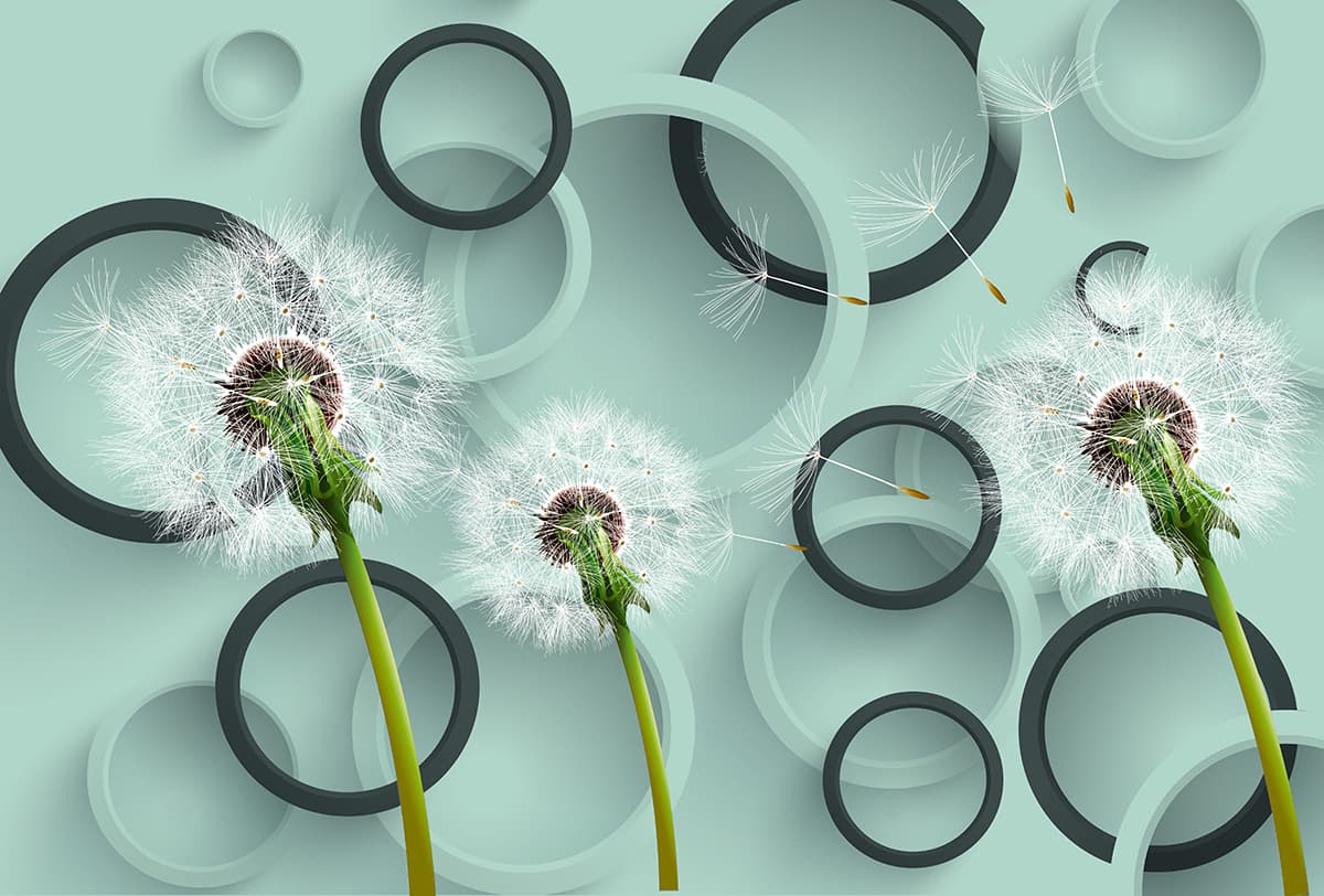 3D Wallpaper of Dandelion Seeds Flying in The Air for Living Room pattern detail