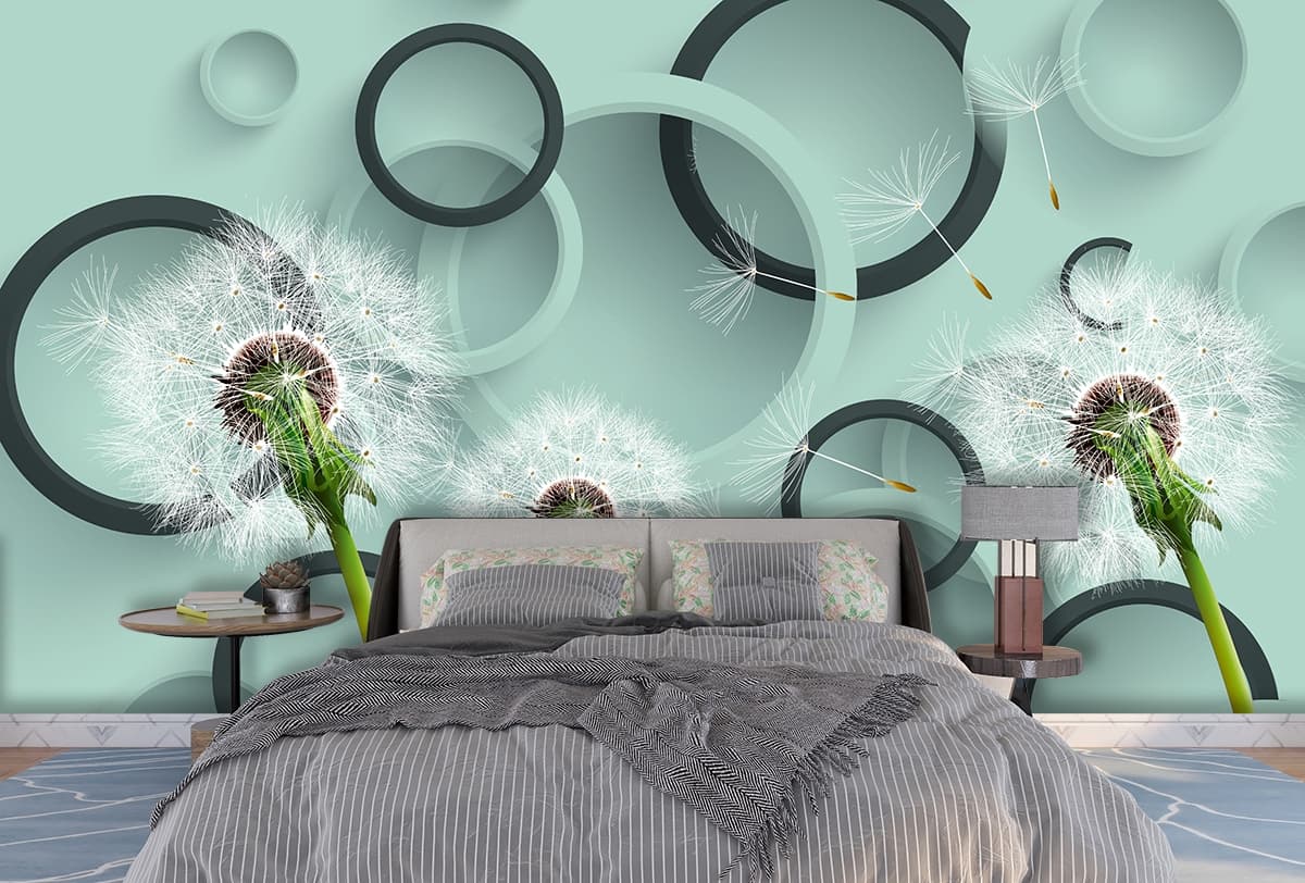 3D Wallpaper of Dandelion Seeds Flying in The Air for Living Room shown in a room