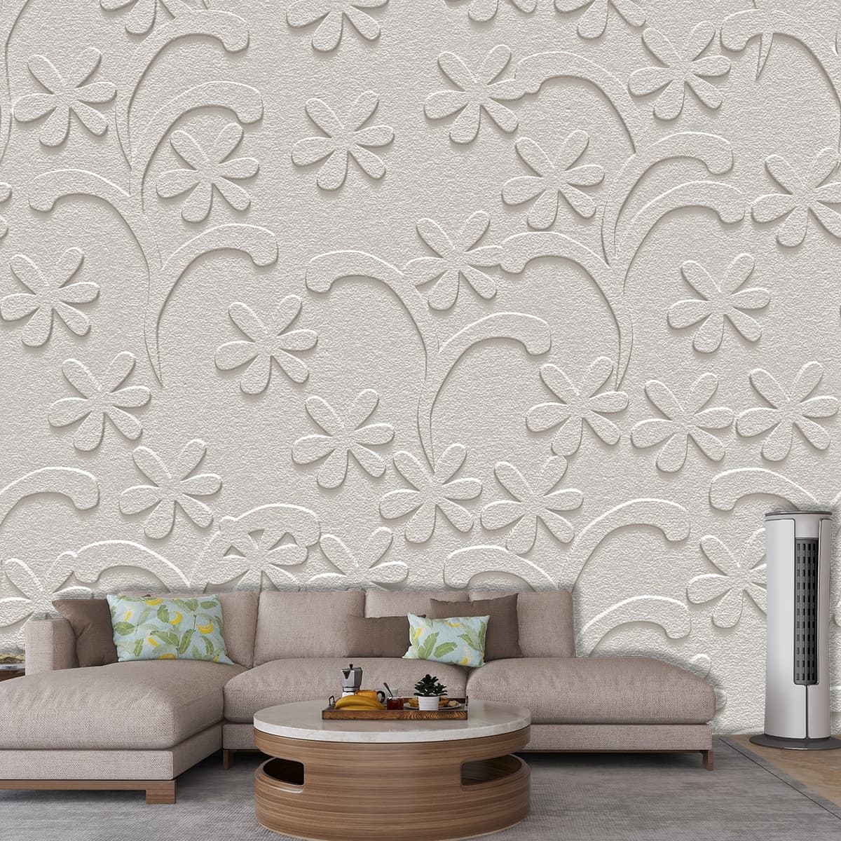 3D Vintage White Floral Design Wallpaper For Living Room shown in a room