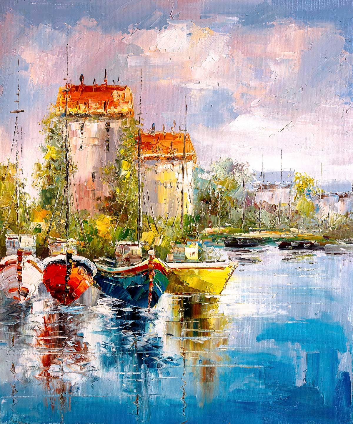 Painting of Boats on Water Coastal Art Wallpaper pattern detail