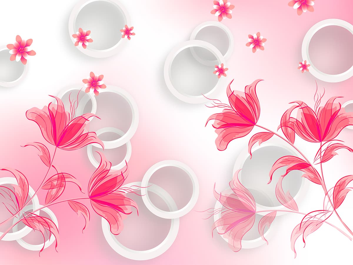 A Wallpaper for Wall of Pink Flowers and White Circles pattern detail