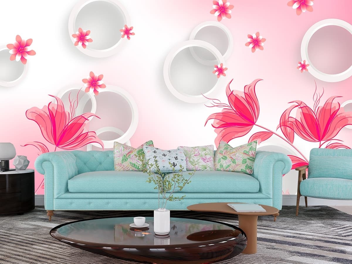 A Wallpaper for Wall of Pink Flowers and White Circles shown in a room