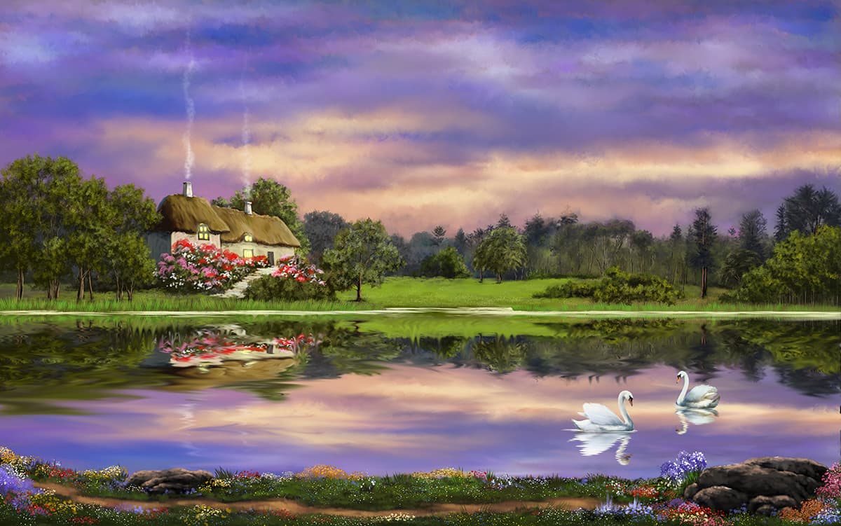 Bedroom Painting Wall Mural with Swans pattern detail