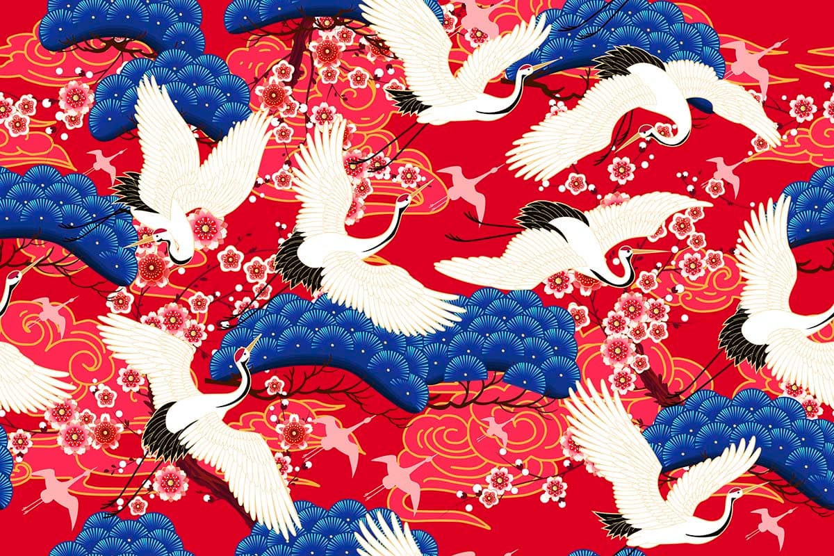 A pattern of white cranes and flowers pattern detail
