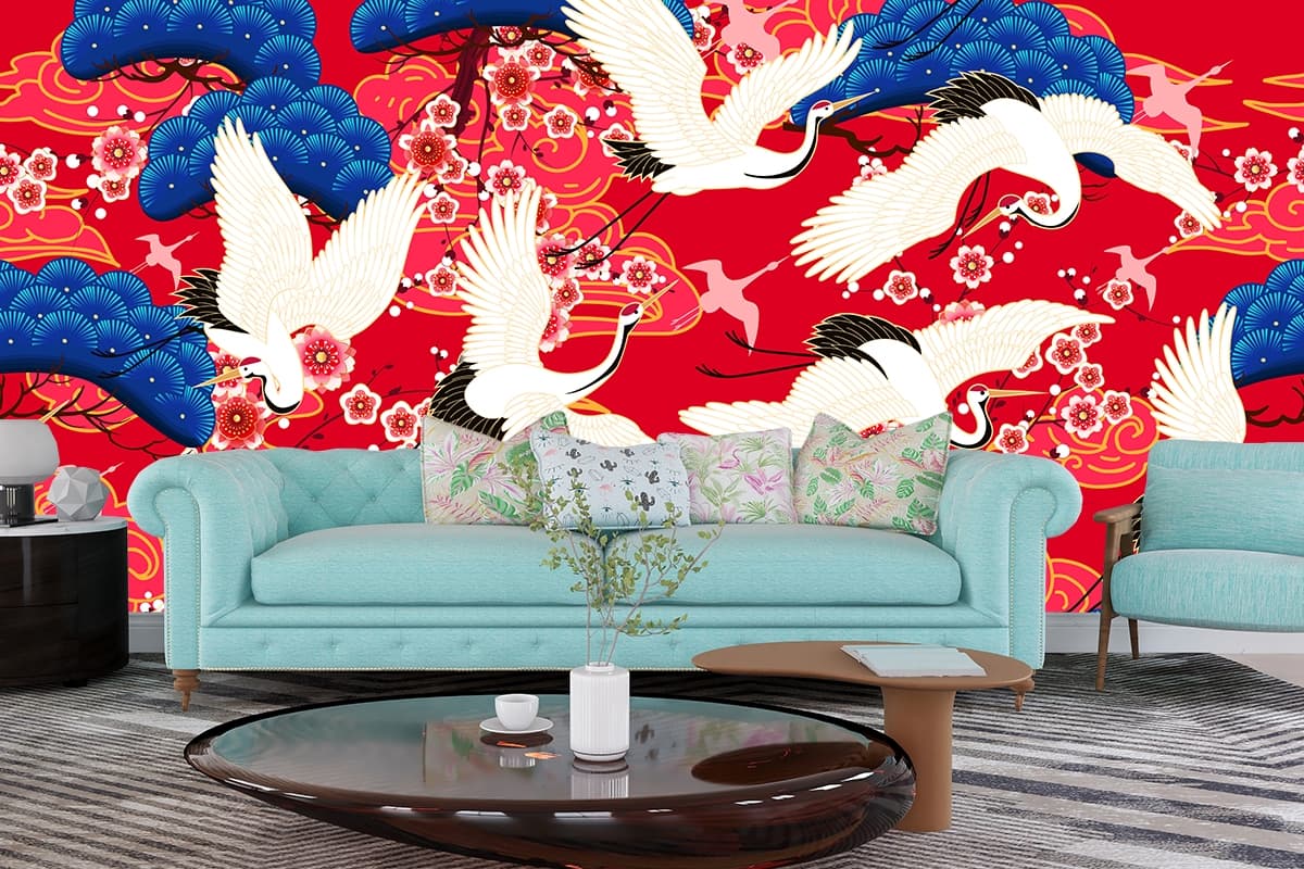 A pattern of white cranes and flowers shown in a room