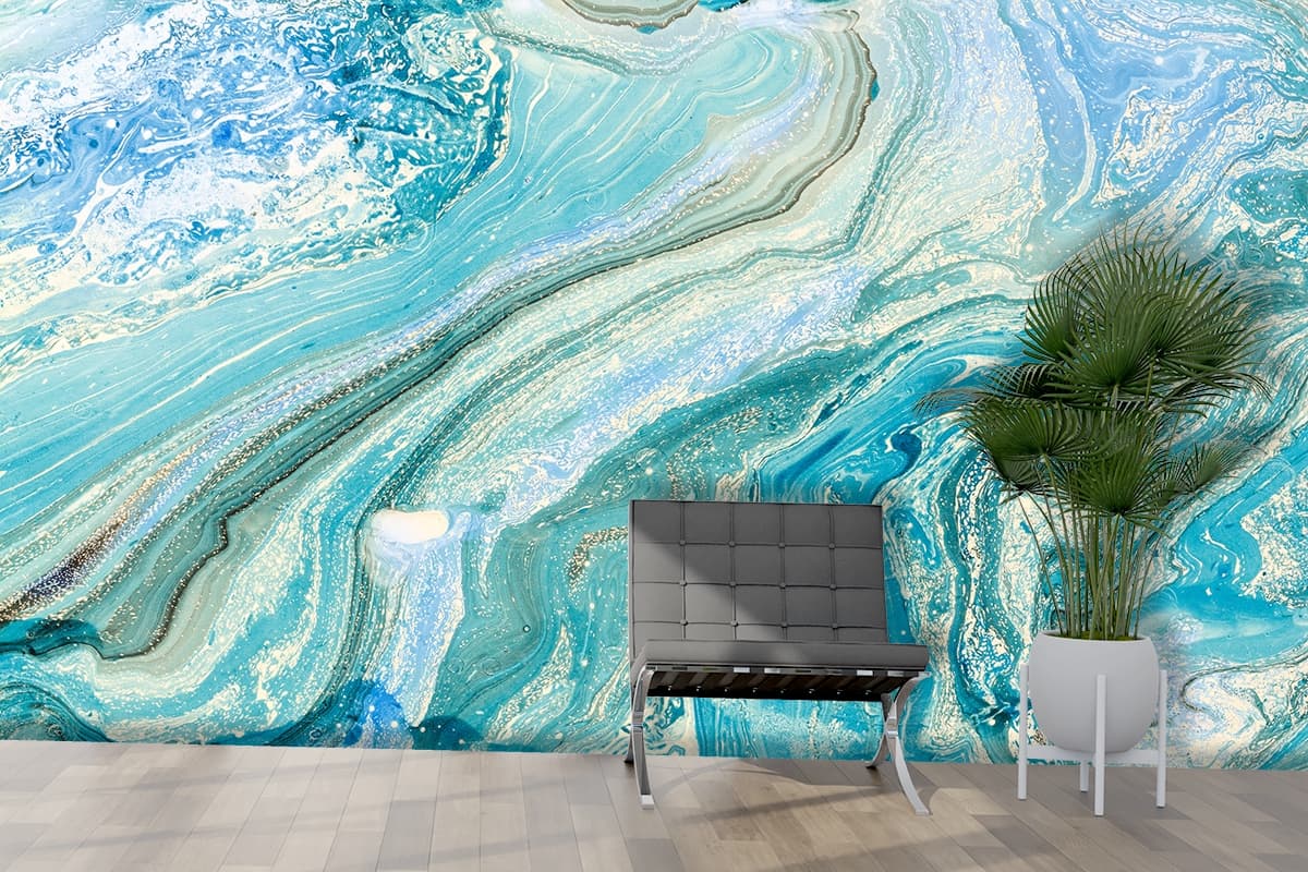 Blue and White Swirls Wallpaper shown in a room